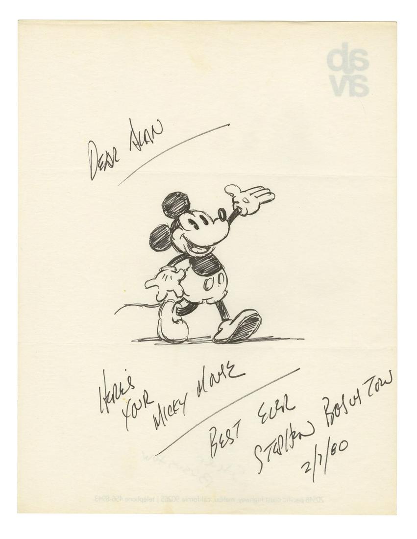 Original Mickey Mouse Drawing by Stephen Bosustow.: (Walt Disney Studios, 1980) An original drawing by Stephen Bosustow of Mickey Mouse. Bosustow is known for his work as an animator on films such as Dumbo and The Reluctant Dragon. Created in ink on st