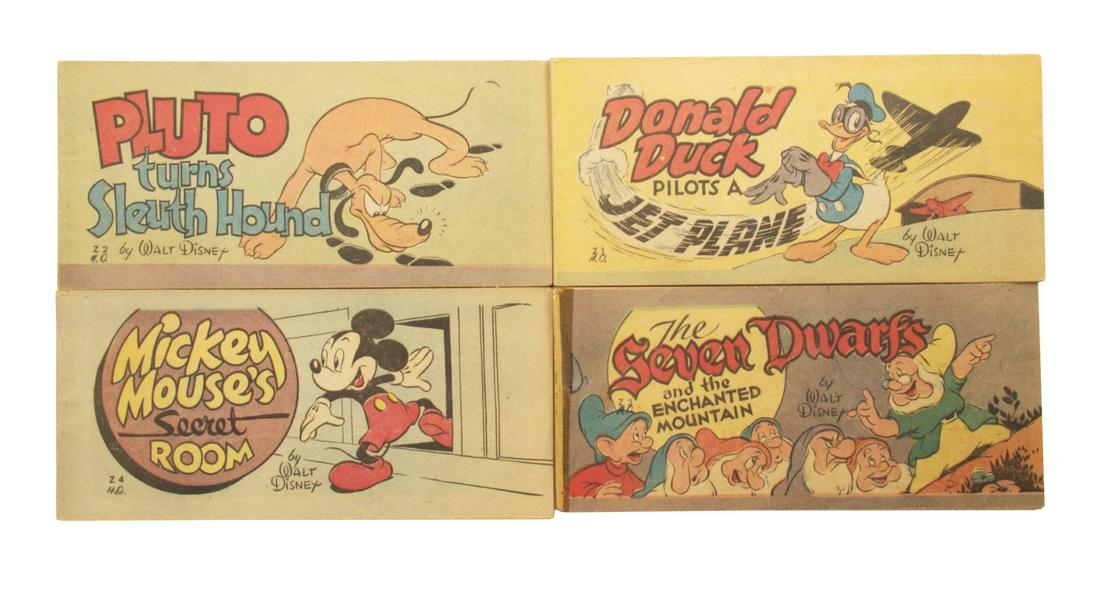 Set of (4) Walt Disney Pocket-Size Comic Books.: (General Mills, 1947) A set of (4) Walt Disney Pocket-Size Comic Books with their original envelope. The titles include: Mickey Mouse's Secret Room, Pluto Turns Sleuth Hound, Donald Duck Pilots a Jet 