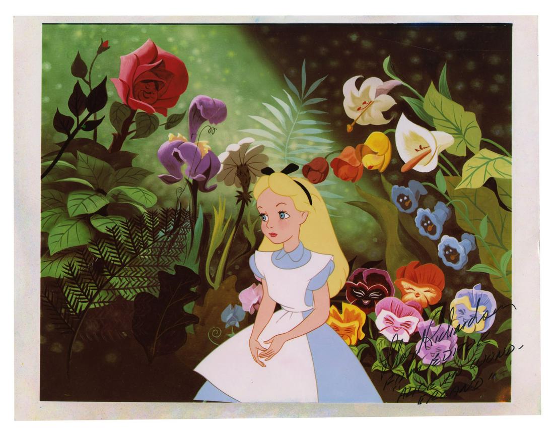 Alice in Wonderland Signed Photo Print.: (Walt Disney Studios, c.1980) A photo print signed by Disney Legend Lloyd Richardson of Alice and the flowers from Alice in Wonderland. Richardson received his Legends award for his contributions in e