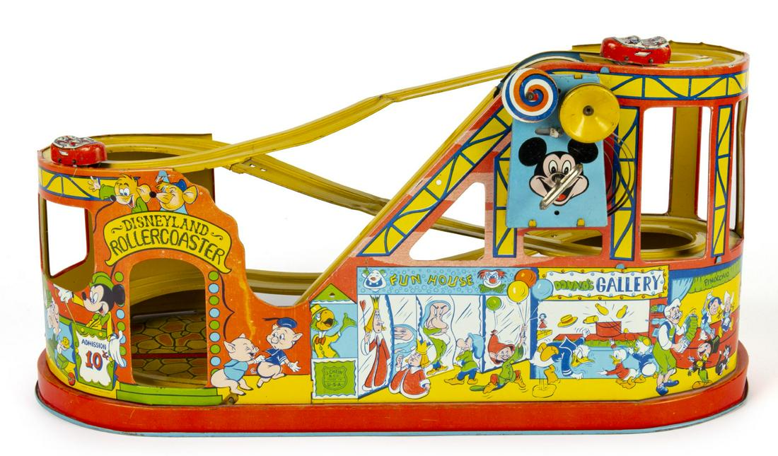 Disneyland Wind-Up Tin Rollercoaster Toy.: (J. Chein, c.1955) A vintage wind-up tin rollercoaster toy created by J. Chein & Company. Labeled as a Disneyland Rollercoaster, despite the park not having any rollercoasters when it opened, this pop