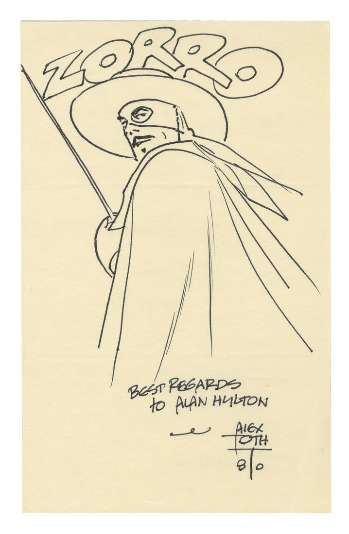 Original Zorro Drawing by Alex Toth.: (Walt Disney Studios, 1980) An original drawing by legendary comic artist Alex Toth that depicts Zorro. Toth's work on the Zorro comic series, based on the popular Walt Disney television show, influen