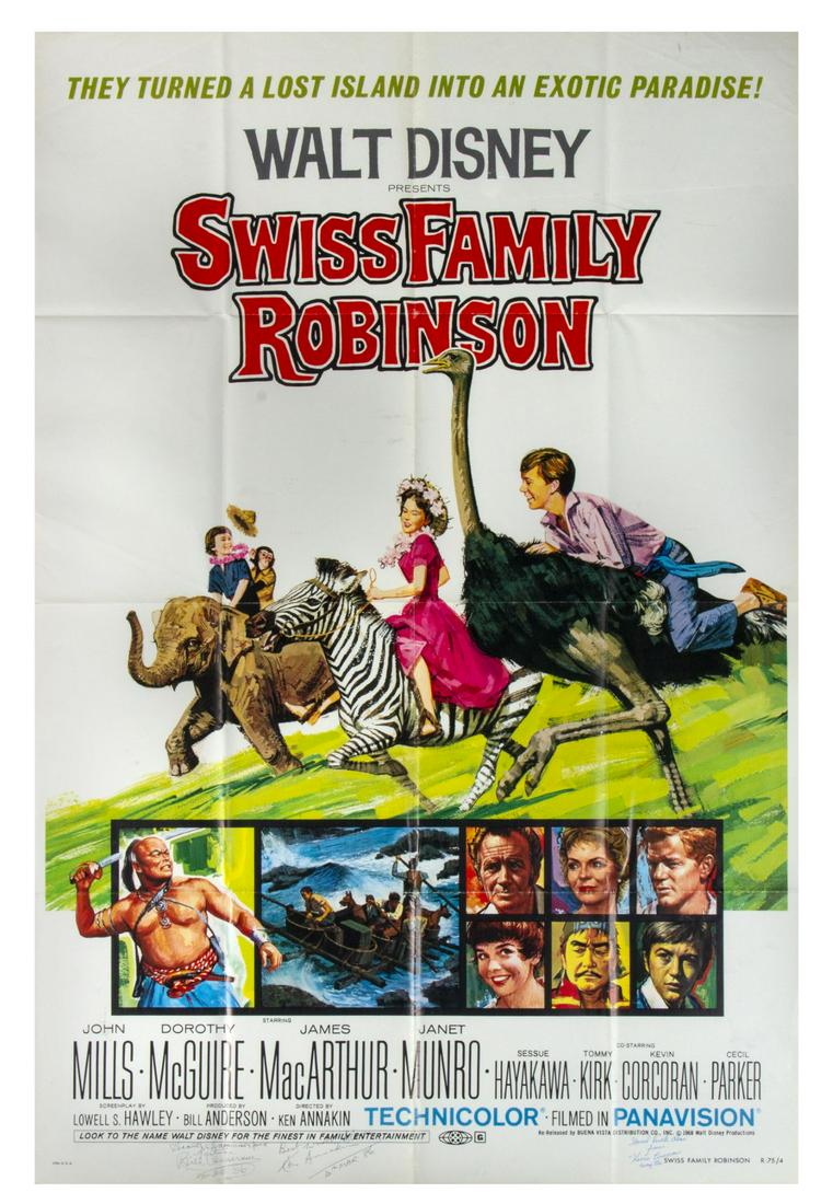 Signed Swiss Family Robinson Re-Release Poster.: (Walt Disney Studios, 1975) An original one-sheet sized poster for the theatrical re-release of Walt Disney's Swiss Family Robinson that has been signed by director Ken Annakin, producer Bill Anderson