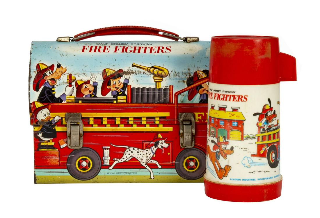 Disney Character Fire Fighters Lunchbox.: (Aladdin, c.1960s) A classic Aladdin Industries metal lunchbox featuring iconic Walt Disney characters. The lunchbox depicts well-known characters as fire fighters, including Goofy, Pinocchio, Jiminy 