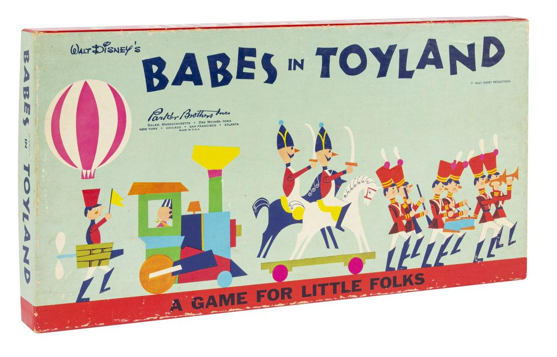 Babes in Toyland Board Game.: (Parker Brothers, 1961) A vintage board game created by Parker Brothers which is based on the film Babes in Toyland. The game is complete in its original box and contains: a game board, 4 character pi