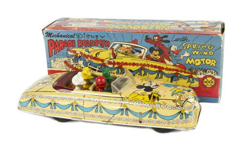 Disney Parade Roadster Tin Car Salesman's Sample.: (Marx, c.1950s) A rare tin-litho Disney Parade Roadster toy created by Marx. The toy features Donald with one of his nephews in the front and Mickey and Minnie in the back. Although these toys were so