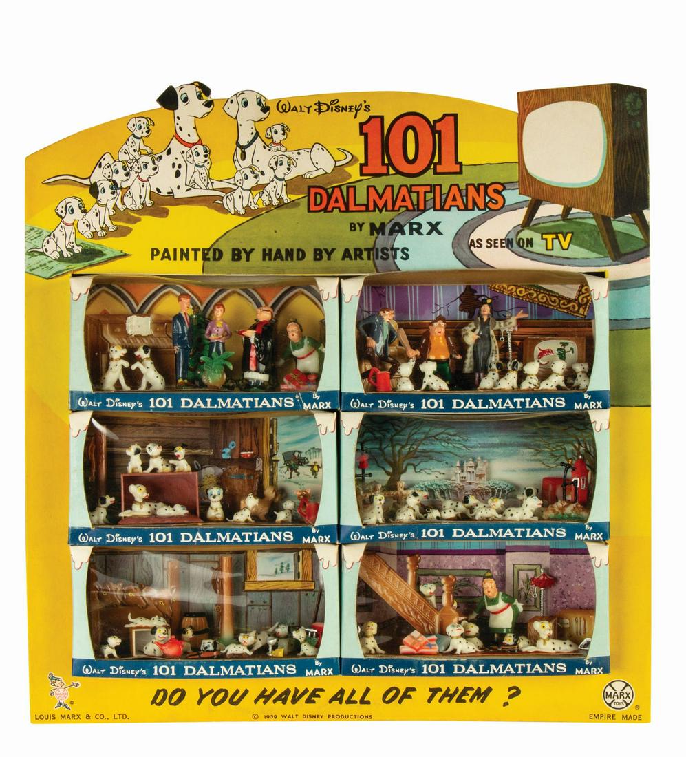 101 Dalmatians Store Display by Marx.: (Marx, 1961) A very rare store display featuring 101 Dalmatians playsets by Marx. This display includes all six playset boxes that were released in 1961 to coincide with the debut of the film, with ea