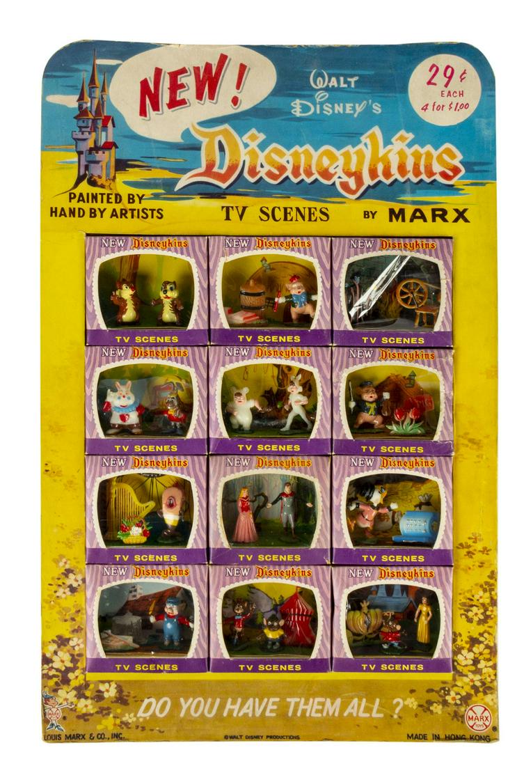 New Disneykins "TV Scenes" Store Display by Marx.: (Marx, c.1961) A very rare second series New Disneykins "TV Scenes" store display by Marx. This complete store display includes all (12) boxed hand-painted Disneykins in their various scenes as well a
