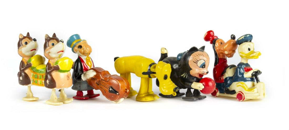 Collection of (5) Walt Disney Walkable Toys by Marx.: (Marx, 1960s) A collection of (5) painted plastic walking toys created by Marx, including Jiminy Cricket, Goofy & Donald, Figaro, Pluto, and Chip & Dale. These toys were designed to be pulled or pushe