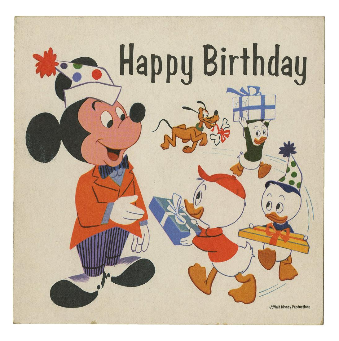 Mickey Mouse Birthday Card with Playable Record.: (Walt Disney Studios, c.1960s) A very unusual birthday card featuring Mickey Mouse that has a 33 1/3 RPM record attached to the back of the card. The card's inscription reads that Pluto will be singin