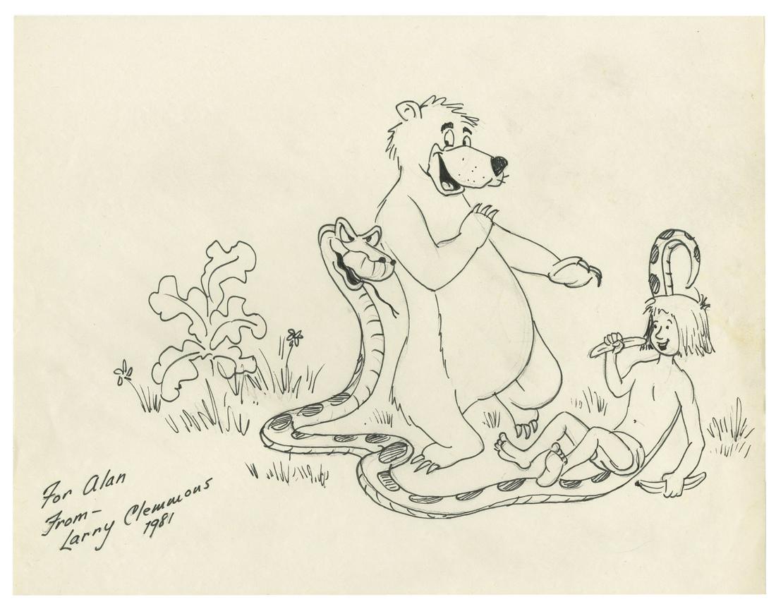 Original The Jungle Book Drawing by Larry Clemmons.: (Walt Disney Studios, 1981) An original drawing by Larry Clemmons of Baloo, Kaa, and Mowgli from The Jungle Book. Clemmons worked as a writer for the animated film, and is also known for his work on R