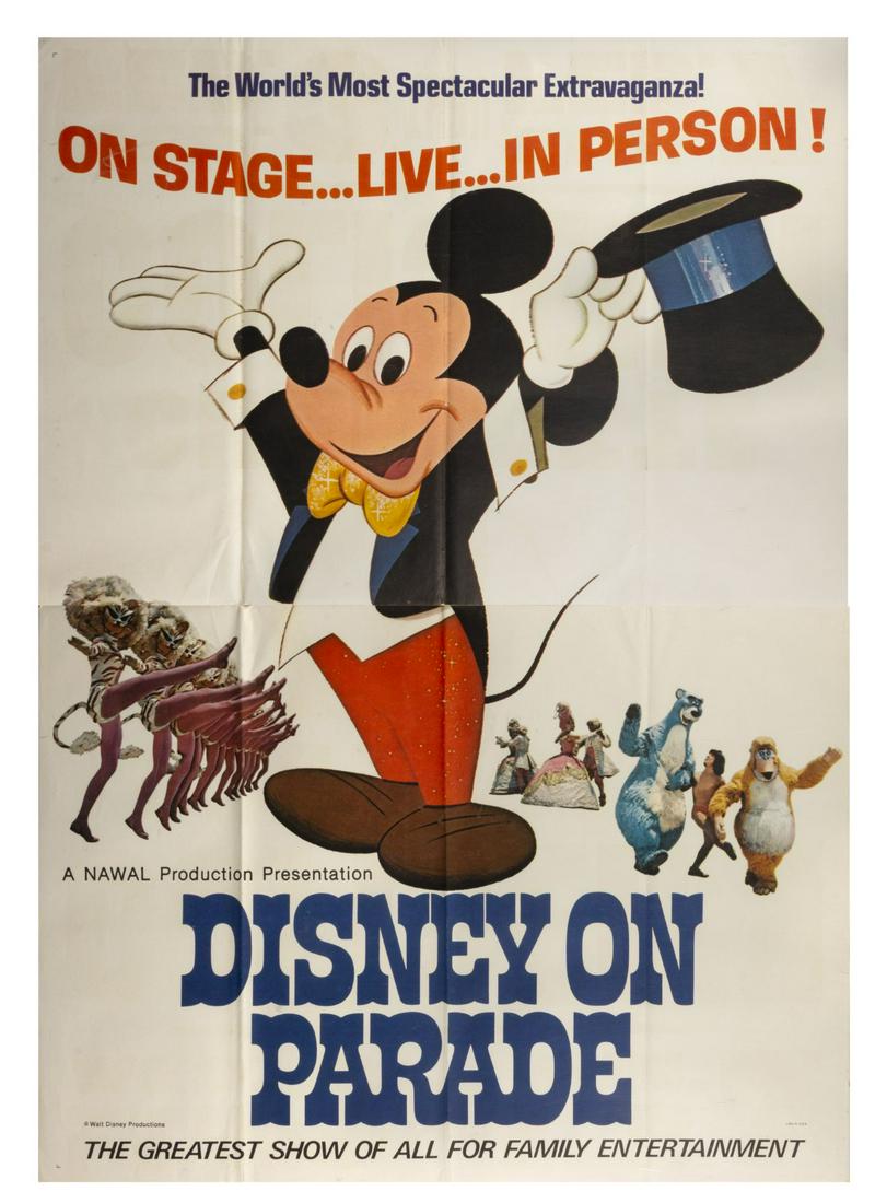 Disney on Parade Large Advertising Poster.: (Walt Disney Studios, c.1969) A large vintage poster featuring some of the iconic Disney characters who starred live in the touring stage show, Disney on Parade. Measuring 60"x42", the poster is in go