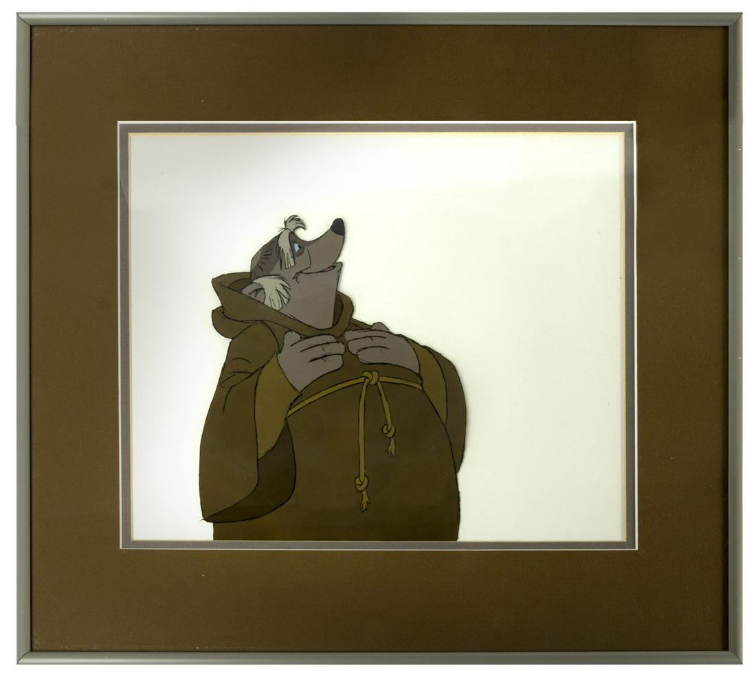 Original Production Cel from Robin Hood.: (Walt Disney Studios, 1973) An original production cel of Friar Tuck from Walt Disney's Robin Hood. The hand-painted cel has a character size of 8"x6.75" within its 16"x18.25" frame. The cel has not b
