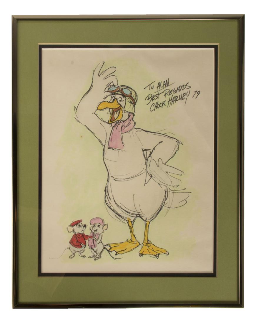 Original The Rescuers Drawing by Chuck Harvey.: (Walt Disney Studios, 1979) An original drawing by Chuck Harvey of Bernard, Miss Bianca, and Orville from The Rescuers. Harvey worked as a Character Animator on the feature film, as well as on films s