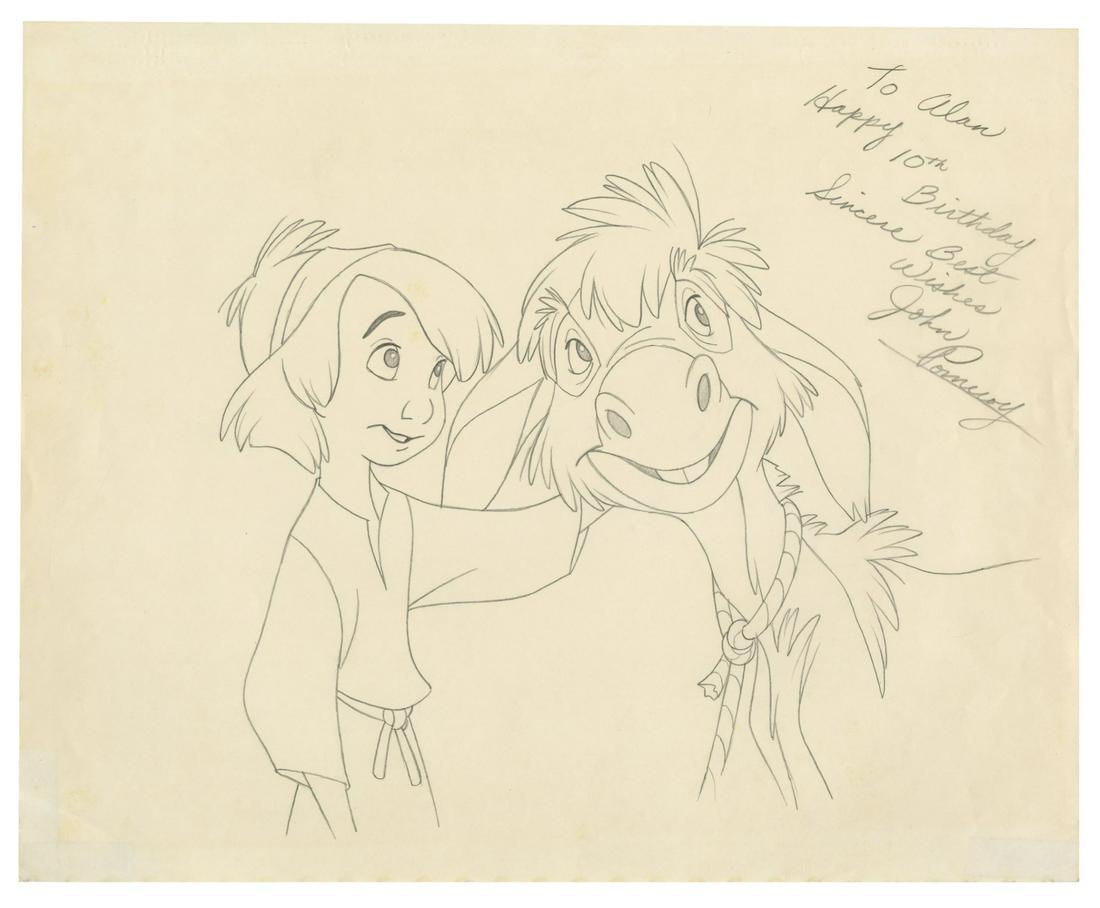 Original The Small One Drawing by John Pomeroy.: (Walt Disney Studios, c.1980) An original drawing by John Pomeroy of the Boy and Small One from The Small One. Pomeroy is known for his work as a directing animator on the featurette, as well as his w