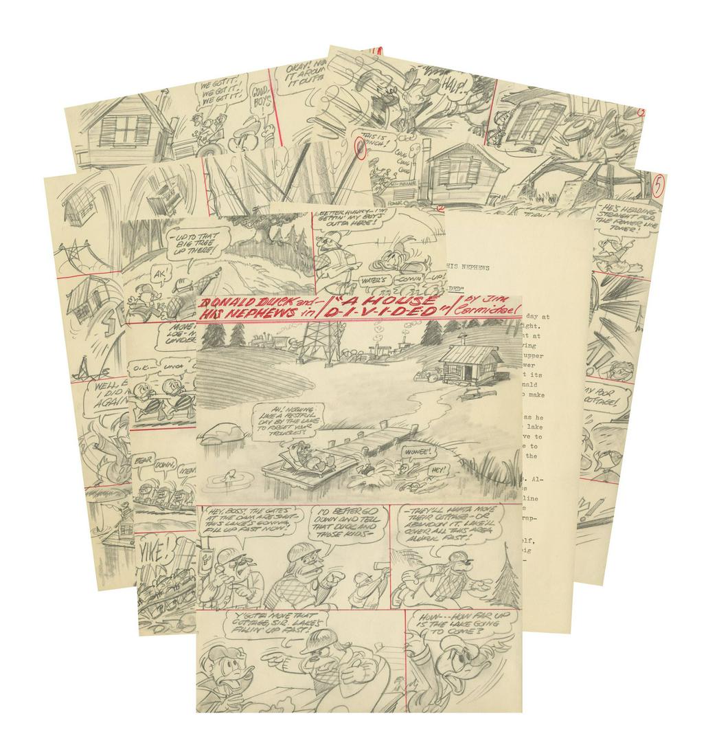 Set of (6) Hand-Drawn Donald Duck Comic Pages.: (Walt Disney Studios, c.1980s) A set of (6) original hand-drawn pages of comic artwork by Jim Carmichael which feature Donald and his nephews. The included typed synopsis describes the story depicted 
