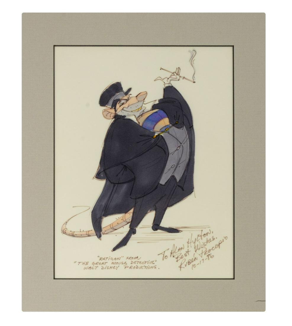 The Great Mouse Detective Professor Ratigan Drawing.: (Walt Disney Studios, 1986) A wonderful hand-colored drawing of Professor Ratigan from the feature film The Great Mouse Detective. This drawing was created by animator Ruben Procopio and is personaliz