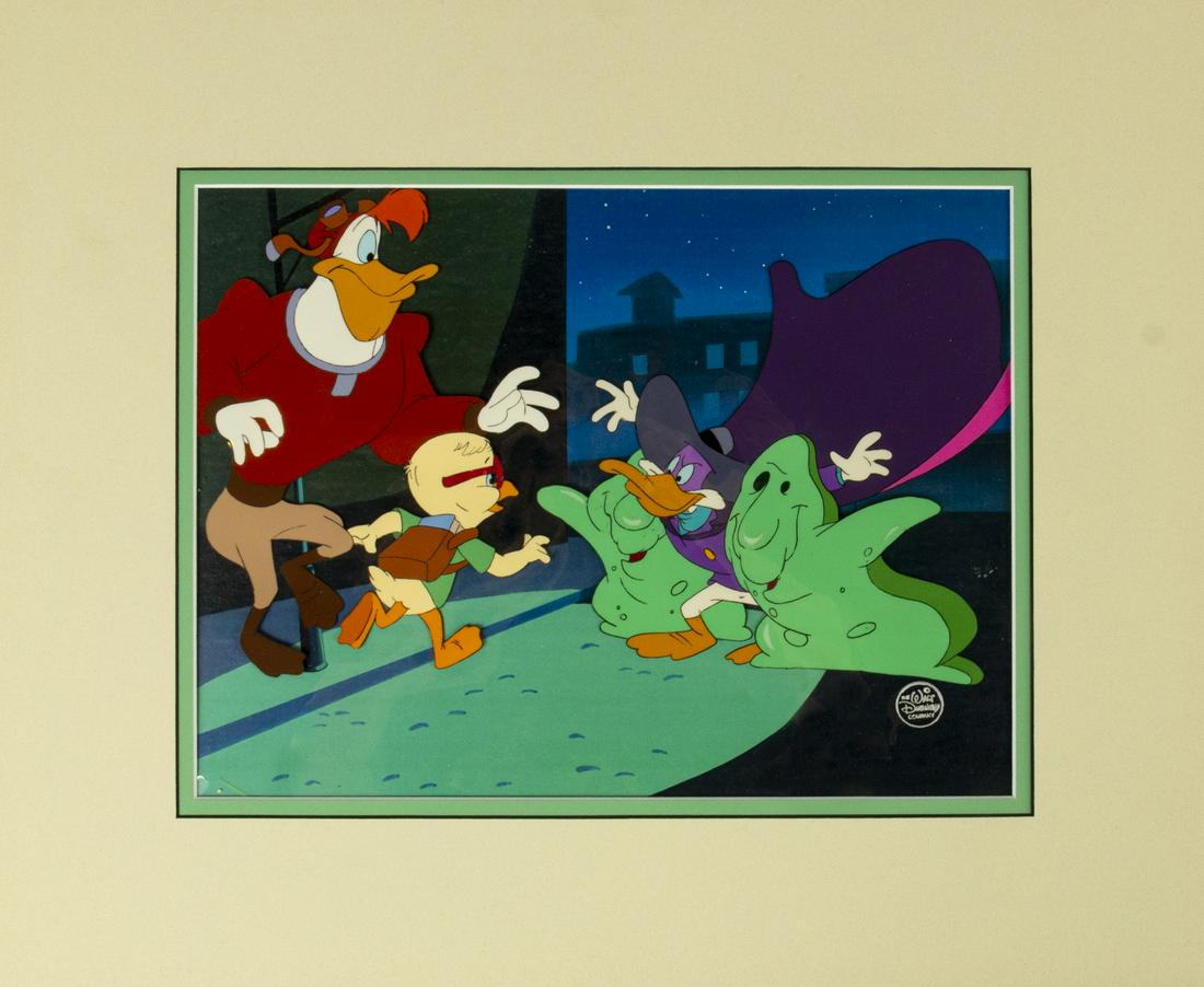 Original Darkwing Duck Production Cel.: (Walt Disney Studios, c.1991) An original production cel of Darkwing Duck, Launchpad McQuack, and Honker that was used in the creation of the animated series Darkwing Duck. The hand-painted cel set-up