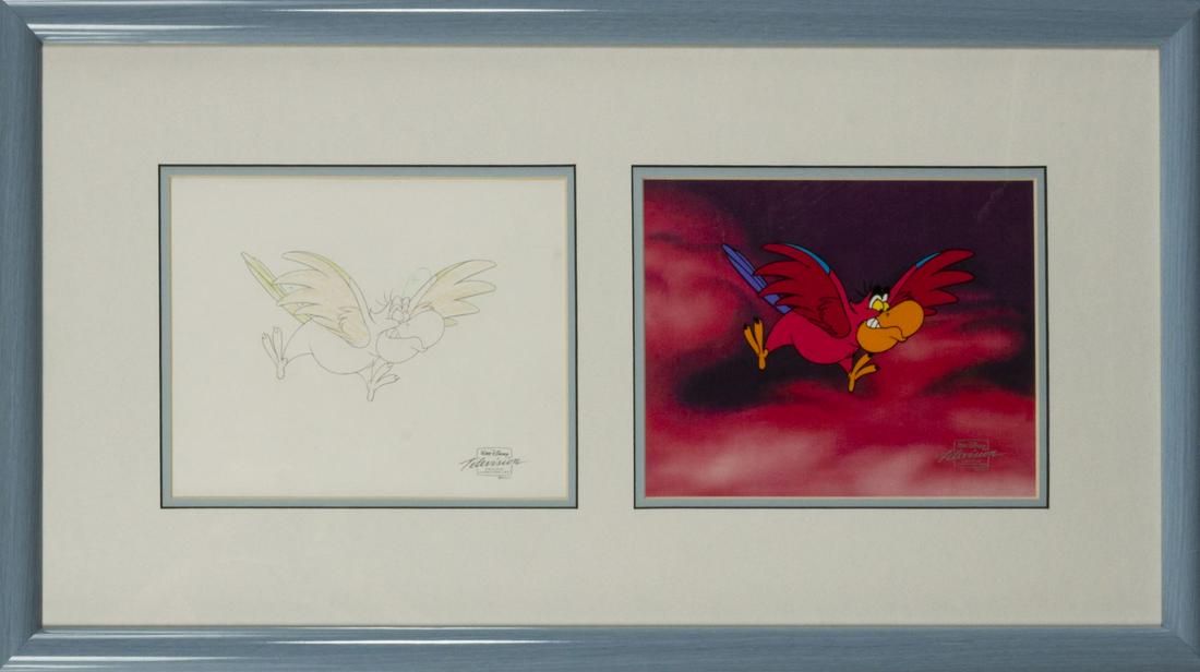 Original The Return of Jafar Cel & Drawing.: (Walt Disney Studios, 1994) An original production cel and clean-up drawing of Iago from The Return of Jafar, the direct-to-video film prequel to the Aladdin television series. Both images measure 7.7