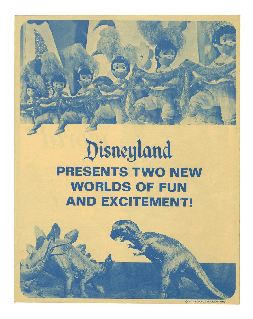 Disneyland New Attractions Gate Flyer.: (Disneyland, 1966) A gate flyer created to promote two newly opened attractions at Disneyland in 1966: It's a Small World and Primeval World. The cover features two beautiful attraction photos, and th
