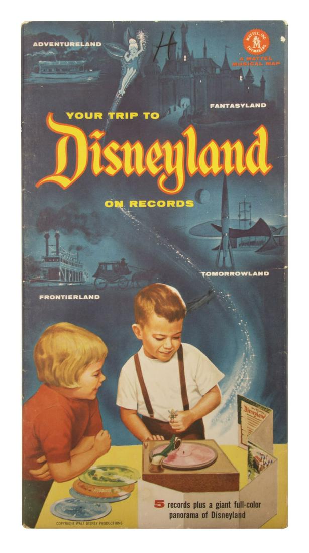 Your Trip to Disneyland Musical Map.: (Disneyland, 1955) An illustrated map and record set created by Mattel featuring five records with songs themed after each of the original lands of the park. The records are unused and have not been c
