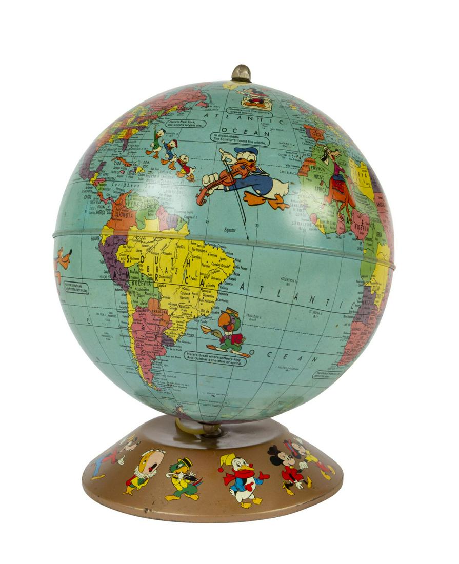 Metal Disney World Globe.: (Rand McNally, c.1956) A metal globe created by Rand McNally that utilizes Disney characters to point out interesting locations and facts all over the globe. Measuring approximately 8" in diameter and