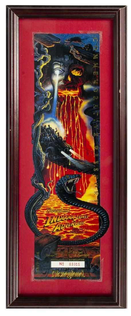 Indiana Jones Adventure Commemorative Passport.: (Disneyland, 1995) A special passport created to celebrate the opening of the Indiana Jones Adventure attraction at Disneyland. The unused admission stub still attached at the bottom and is numbered "