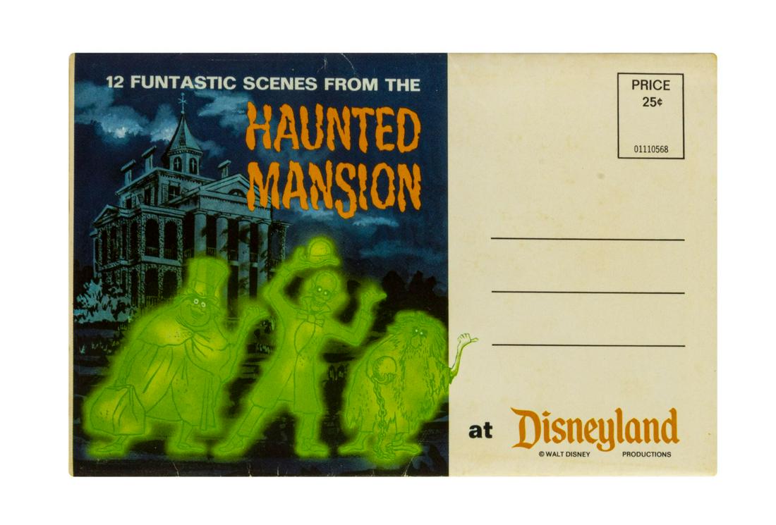 Haunted Mansion Souvenir Photo Mailer.: (Disneyland, c.1969) A souvenir photo mailer featuring 12 vintage images of the Disneyland's Haunted Mansion. This souvenir was designed to be mailed, but is unused, and measures approximately 4"x6" w