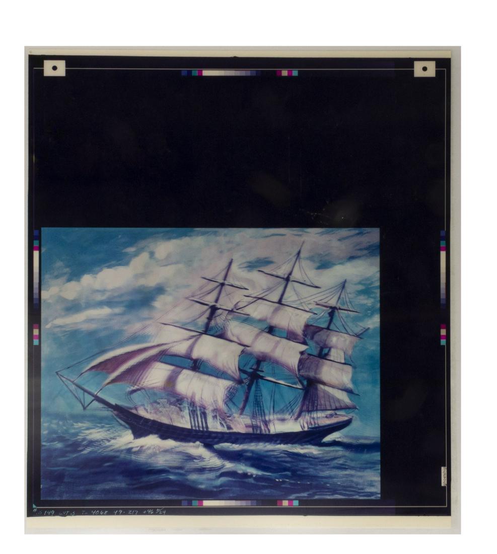 Haunted Mansion Ghost Ship Uncut Lenticular Photo.: (Disneyland, 1999) A very rare uncut lenticular photo featuring the Ghost Ship changing portrait. As you walk by, this artwork changes from that of a ship sailing on a sunny day, to a darkened scene o