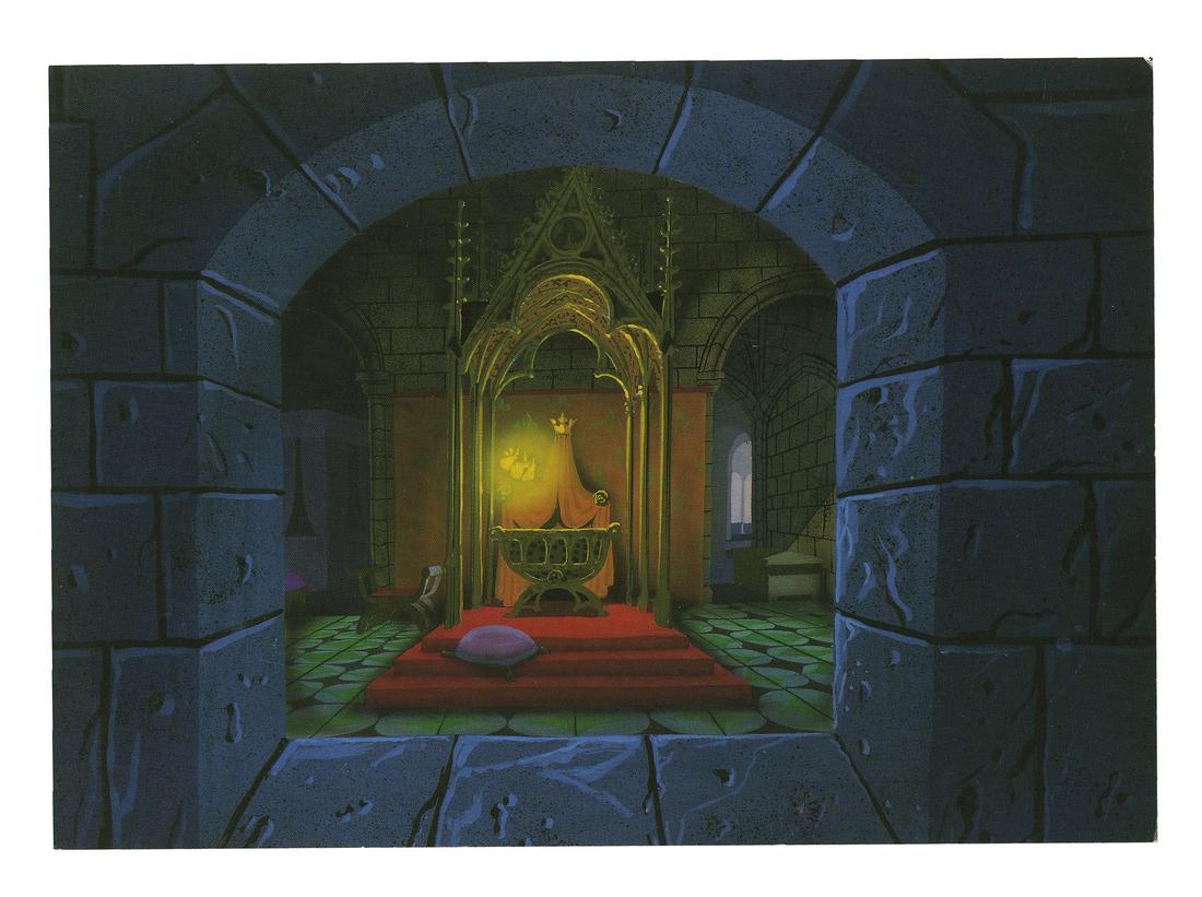 Sleeping Beauty Castle Walkthrough Signed Postcard.: (Disneyland, 1988) A postcard announcing the exhibition and sale of original Disneyland concept artwork from notable Imagineers such as Herb Ryman, Marc Davis, and Eyvind Earle, at the newly opened Di