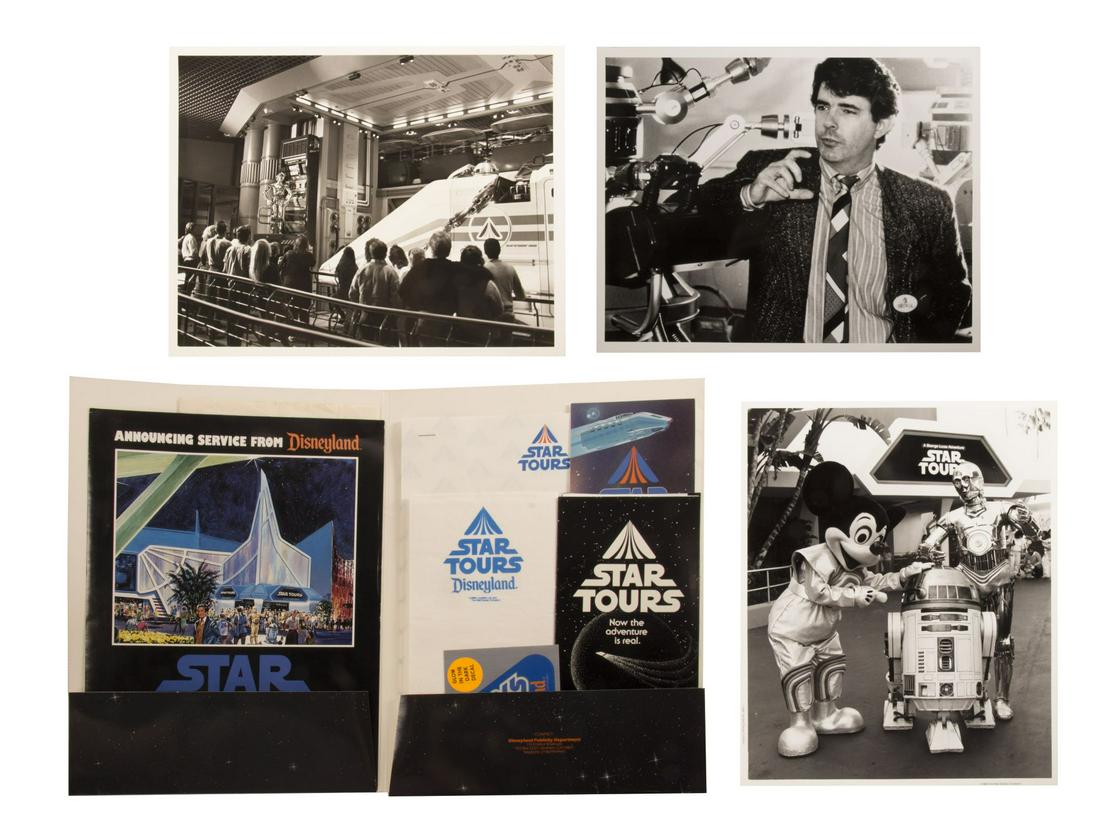 Collection of Star Tours Grand Opening Items.: (Disneyland, 1986) A very rare collection of items from the Grand Opening of Disneyland's Star Tours. This collection includes a Star Tours press folder, a program, (4) black and white press photos, a