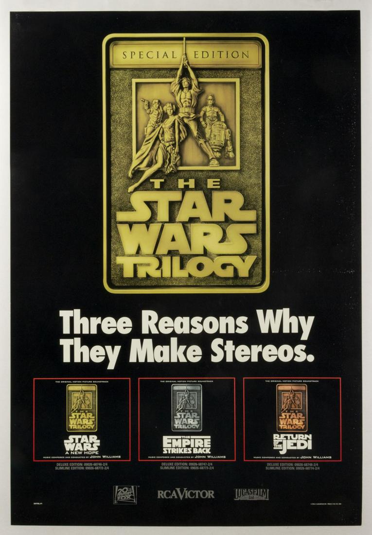 Star Wars Trilogy RCA Victor Advertising Poster.: (RCA, 1997) A poster created to promote the soundtracks for The Star Wars Trilogy. Featuring wonderful imagery from The Star Wars Trilogy 20th anniversary event, this poster measures 35.75"x24.25". Th