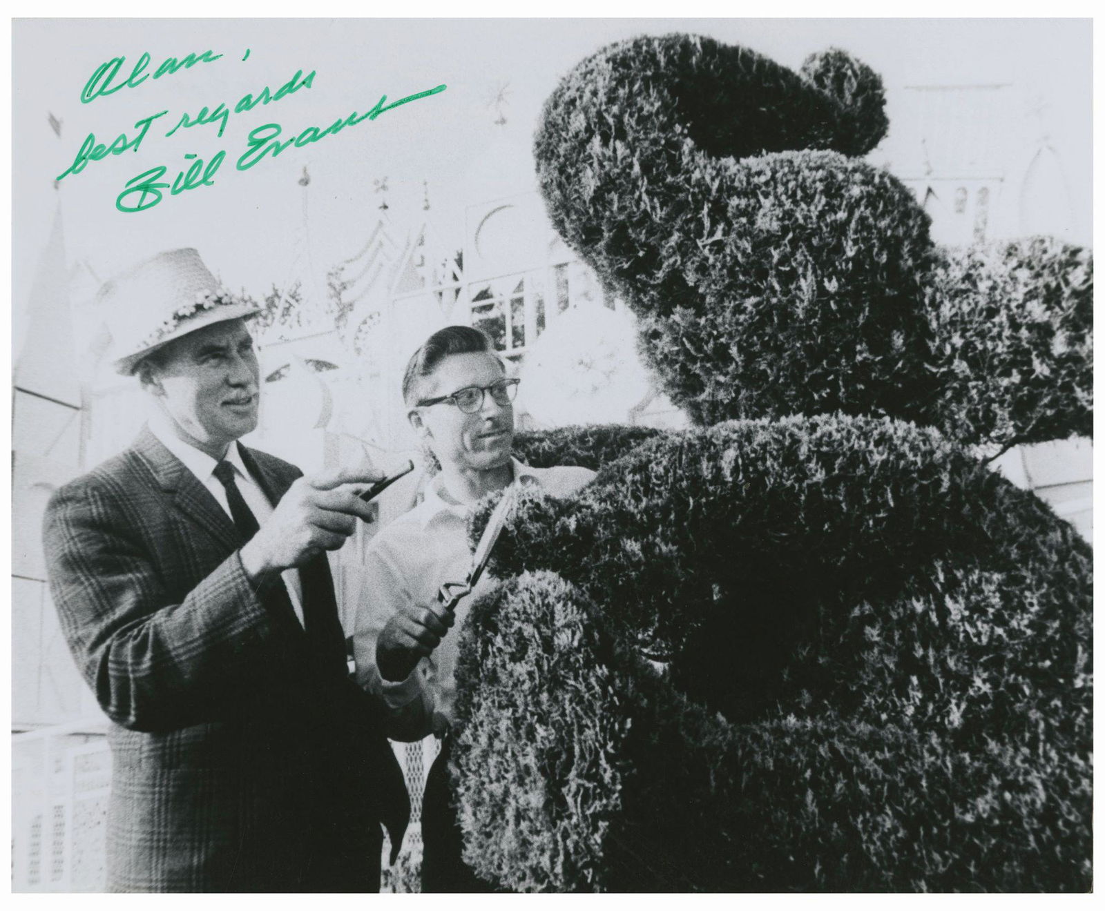 Disneyland Landscaping Bill Evans Signed Photo.: (Disneyland, c.1950s) A signed photo featuring horticulturist Bill Evans, who guided the landscape design of Disney's theme parks for half a century. Evans is also well-known for landscaping the Jungl