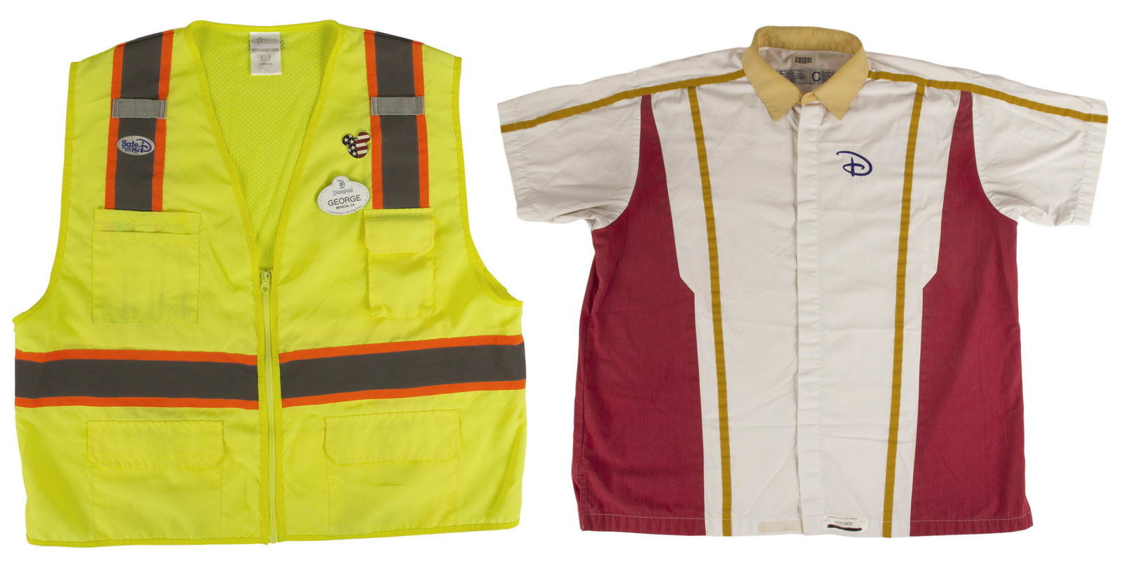 Disneyland Work Shirt & Yellow Safety Vest.: (Disneyland, c.2015) A cast member shirt and safety vest from Disneyland. The shirt has the Disney "D" logo on the chest and retains its original Disneyland wardrobe labels and tags. The vest has a "S