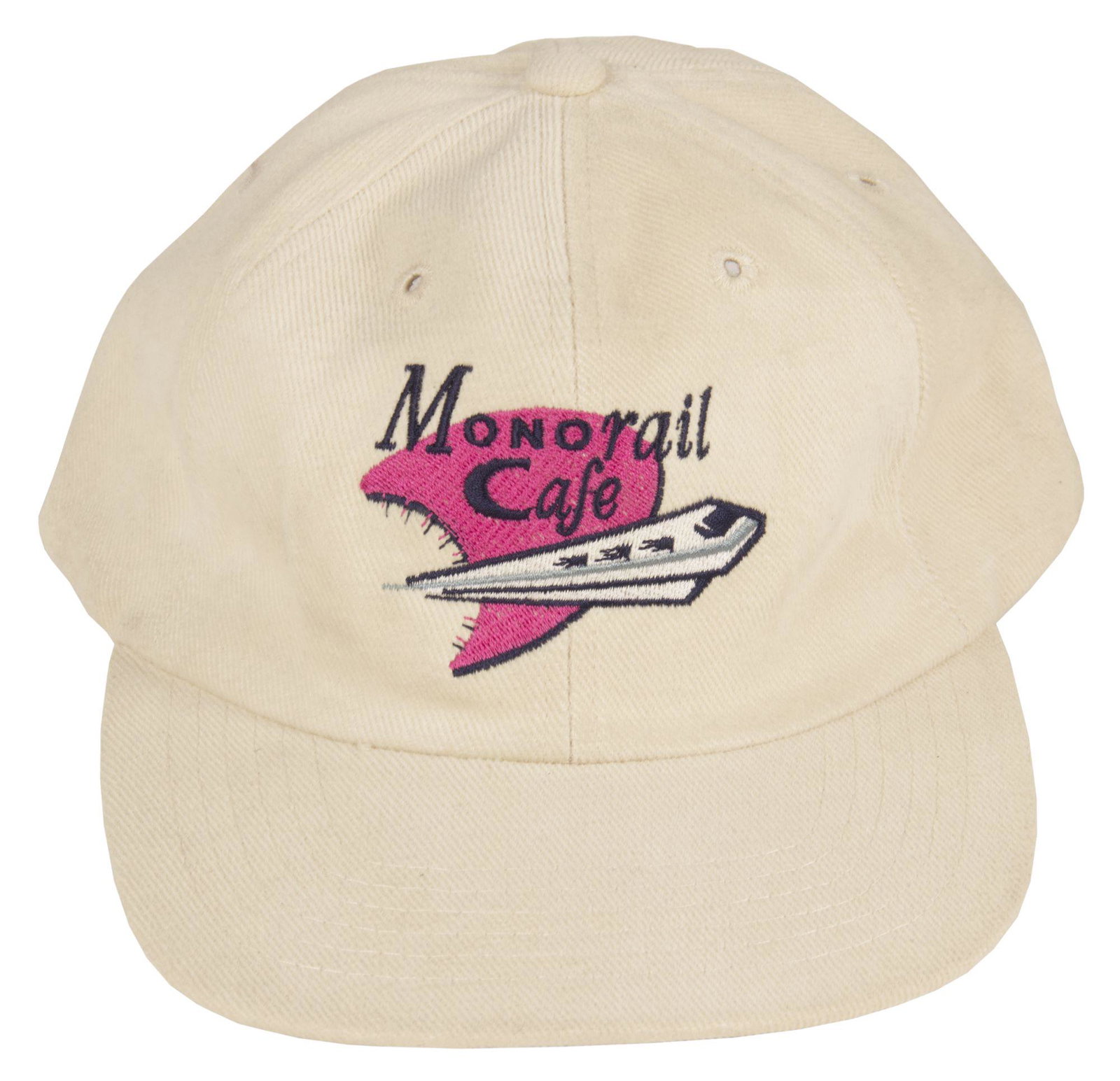 Monorail Cafe Souvenir Hat.: (Disneyland Hotel, c.1980s-90s) A souvenir hat from the Monorail Cafe. This off-white hat features a Monorail Cafe patch on the front and says "Established in 1955" on the back. The hat is adjustable 