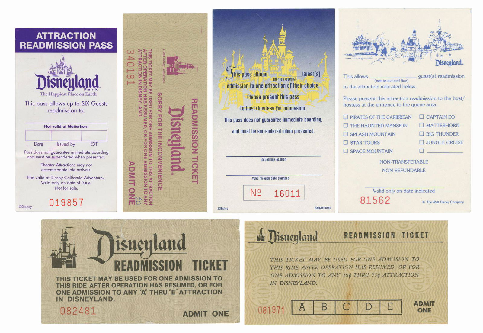 Collection of (6) Attraction Readmission Tickets.: (Disneyland, 1960s-80s) A collection of (6) Disneyland readmission tickets from a variety of years over the park's illustrious history. These tickets were given to Disneyland guests when attractions b