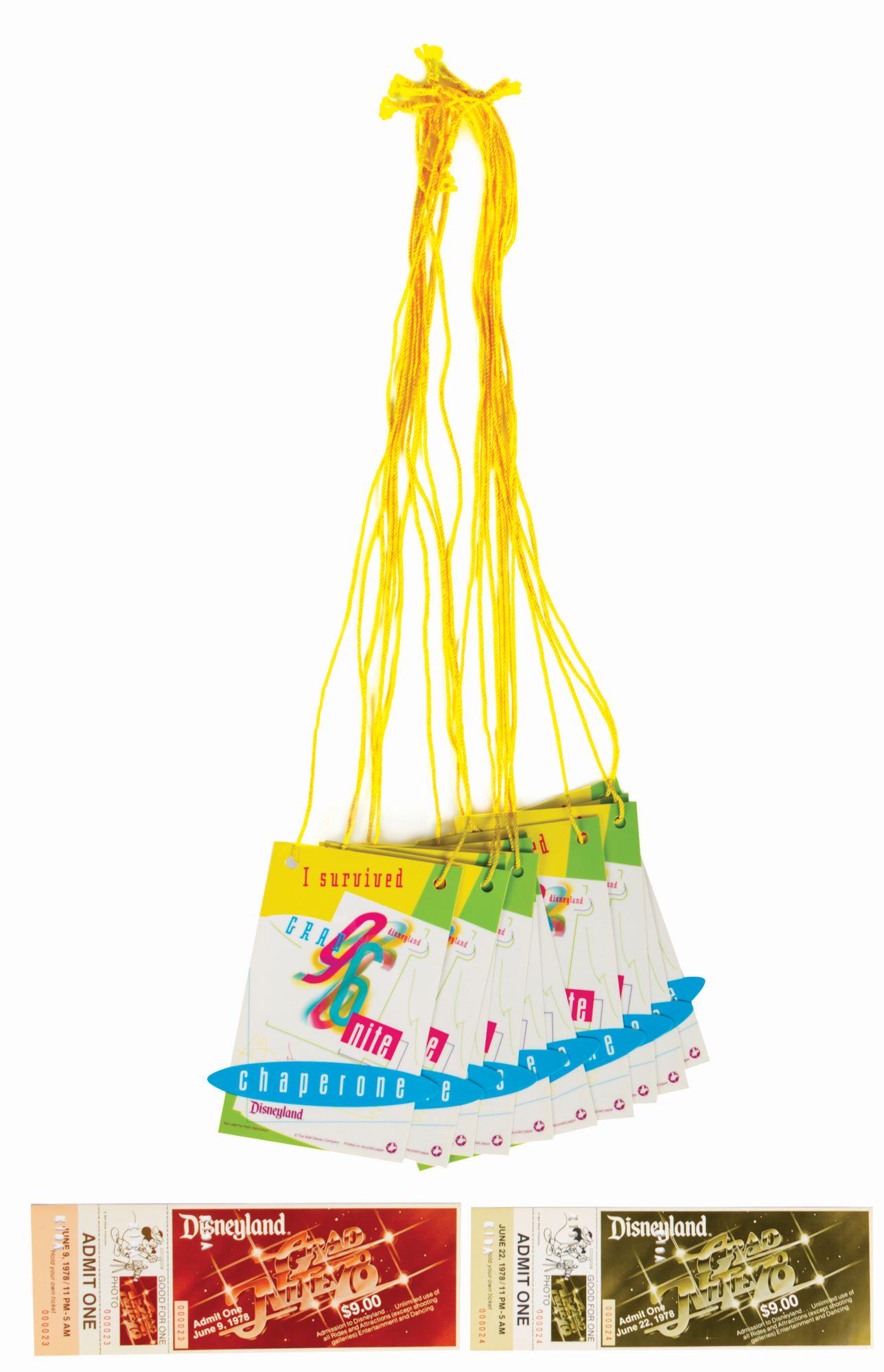 Collection of (12) Grad Nite Passes.: (Disneyland, 1978-96) A collection of (12) passes for Disneyland Grad Nite events. The collection includes: (10) 1996 Grad Nite chaperone passes with yellow lanyards and (2) 1978 adult admission passe