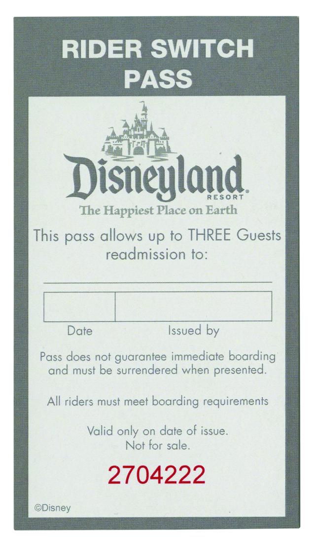 Disneyland Rider Switch Pass Book.: (Disneyland, 2000s) A rider switch pass book with (27) unused passes. These passes allowed a group to split up and take turns supervising youngsters and other park guests who cannot or do not want to 
