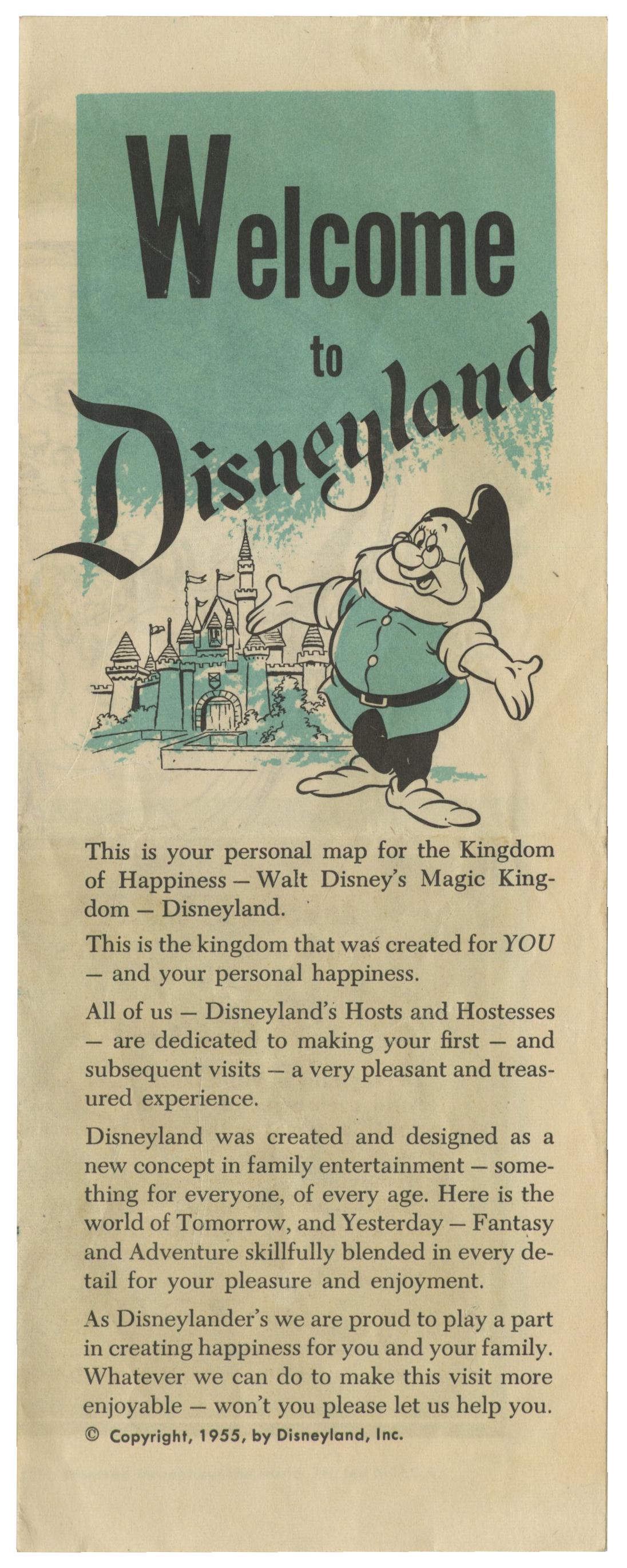 Welcome to Disneyland Opening Year Gate Flyer.: (Disneyland, 1955) An opening year gate flyer titled "Welcome to Disneyland" featuring information on the various attractions and restaurants at the park. The flyer opens to reveal a stylish park map