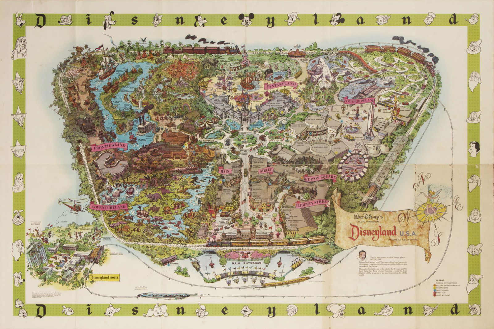 1964-B Disneyland Souvenir Map.: (Disneyland, 1964) A large souvenir map of Disneyland from 1964. This Sam McKim designed souvenir Disneyland map was the second version created for guests in 1964 and features a green border with Disn