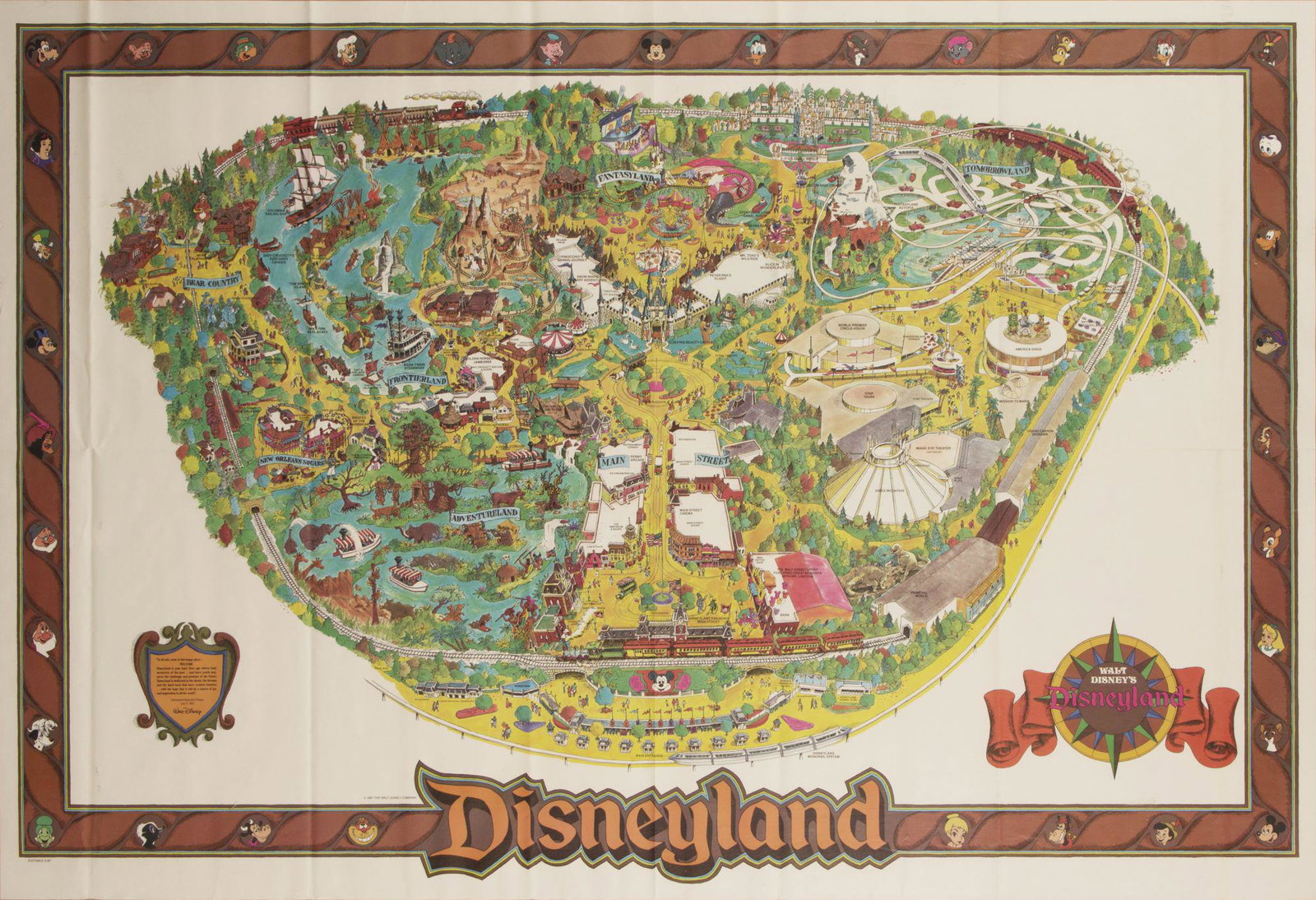 1987 Disneyland Souvenir Map.: (Disneyland, 1987) A large souvenir map of Disneyland from 1987. This map is the first to feature the attractions Star Tours, Captain EO, and Videopolis, as well as the name change from Golden Horsesh