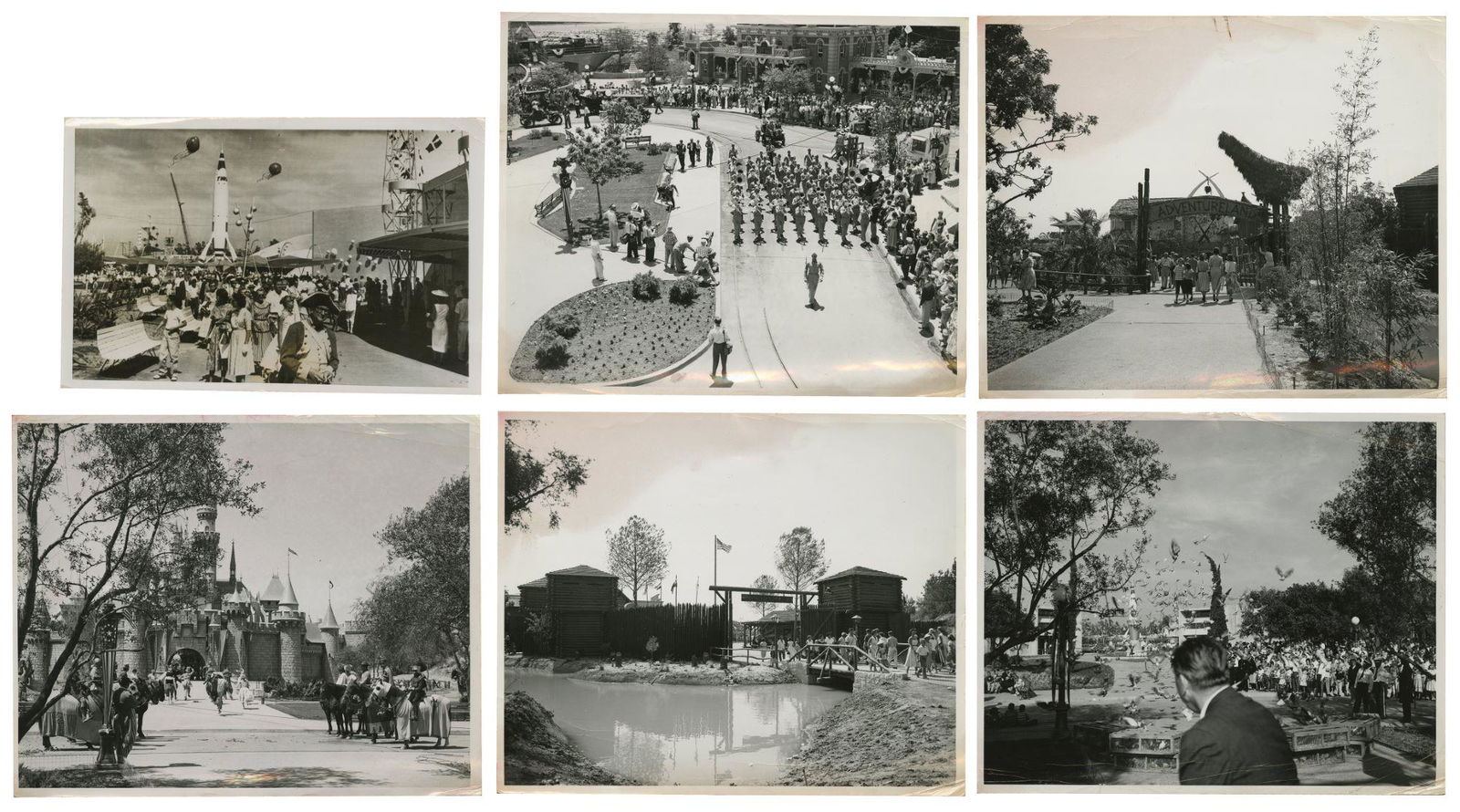 Group of (6) Disneyland Opening Day Photos.: (Disneyland, 1955) An extremely rare collection of (6) original press photos from the opening day of Disneyland in 1955. These photos were distributed to members of the press for use in writing articl