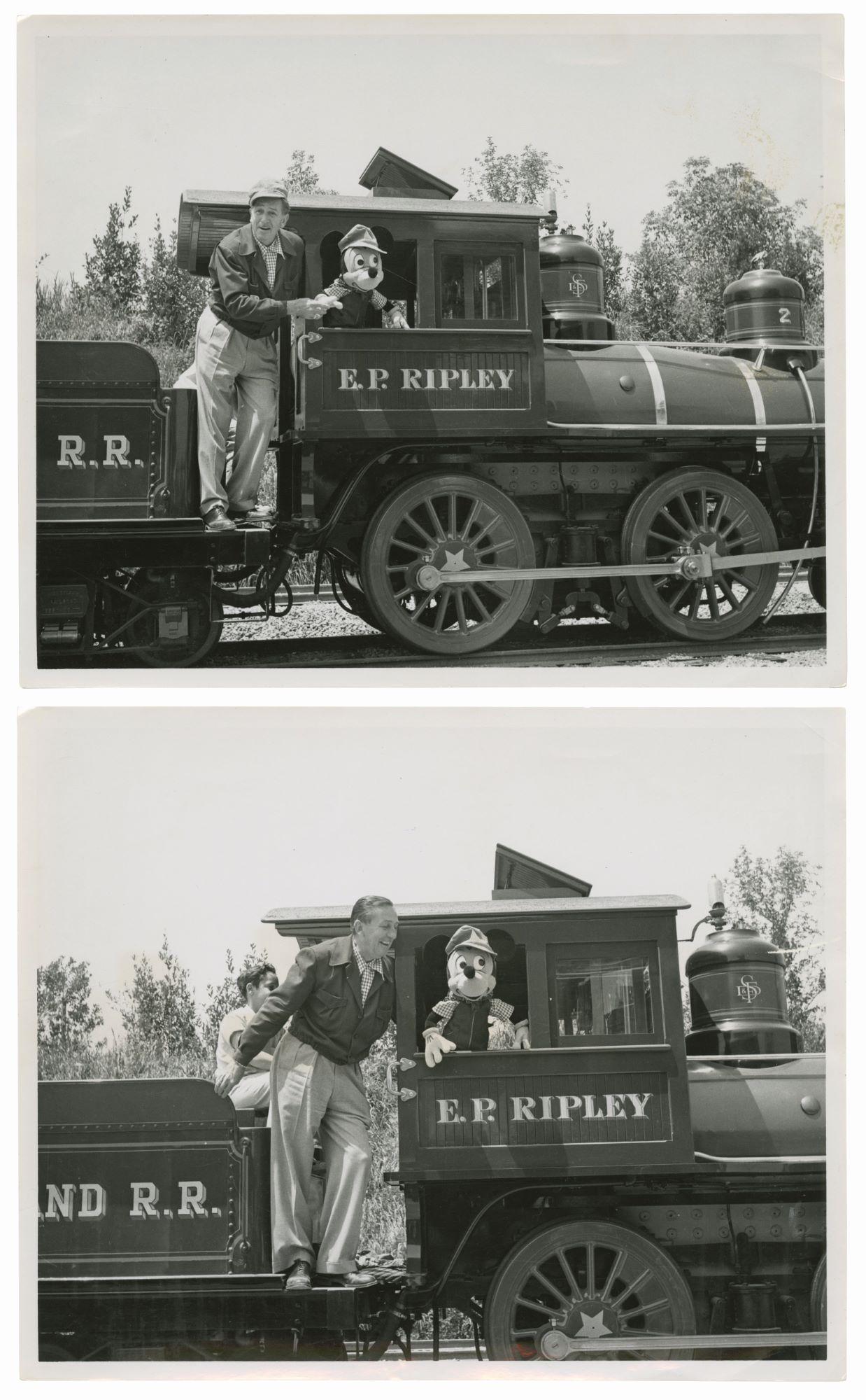 Pair of Walt on the E.P. Ripley Train Photos.: (Disneyland, c.1950s) A pair of original black-and-white photos of Walt Disney and Mickey Mouse aboard the E.P. Ripley steam locomotive. These photos capture the train's first trip around Disneyland P