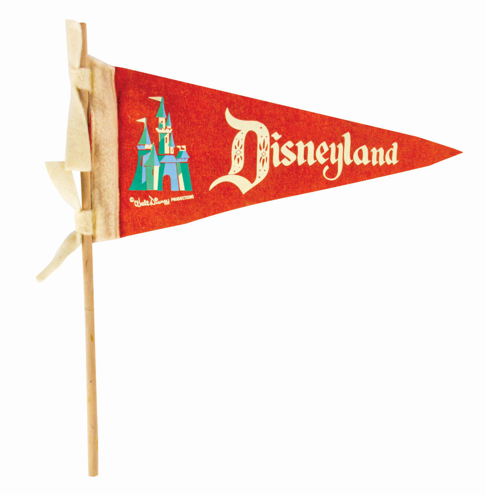 Disneyland Souvenir Pennant on Wooden Dowel.: (Disneyland, c.1950s) A vintage souvenir felt pennant from Disneyland that comes displayed on a wooden dowel. The pennant features an image of Sleeping Beauty Castle and text "Disneyland," and this pa
