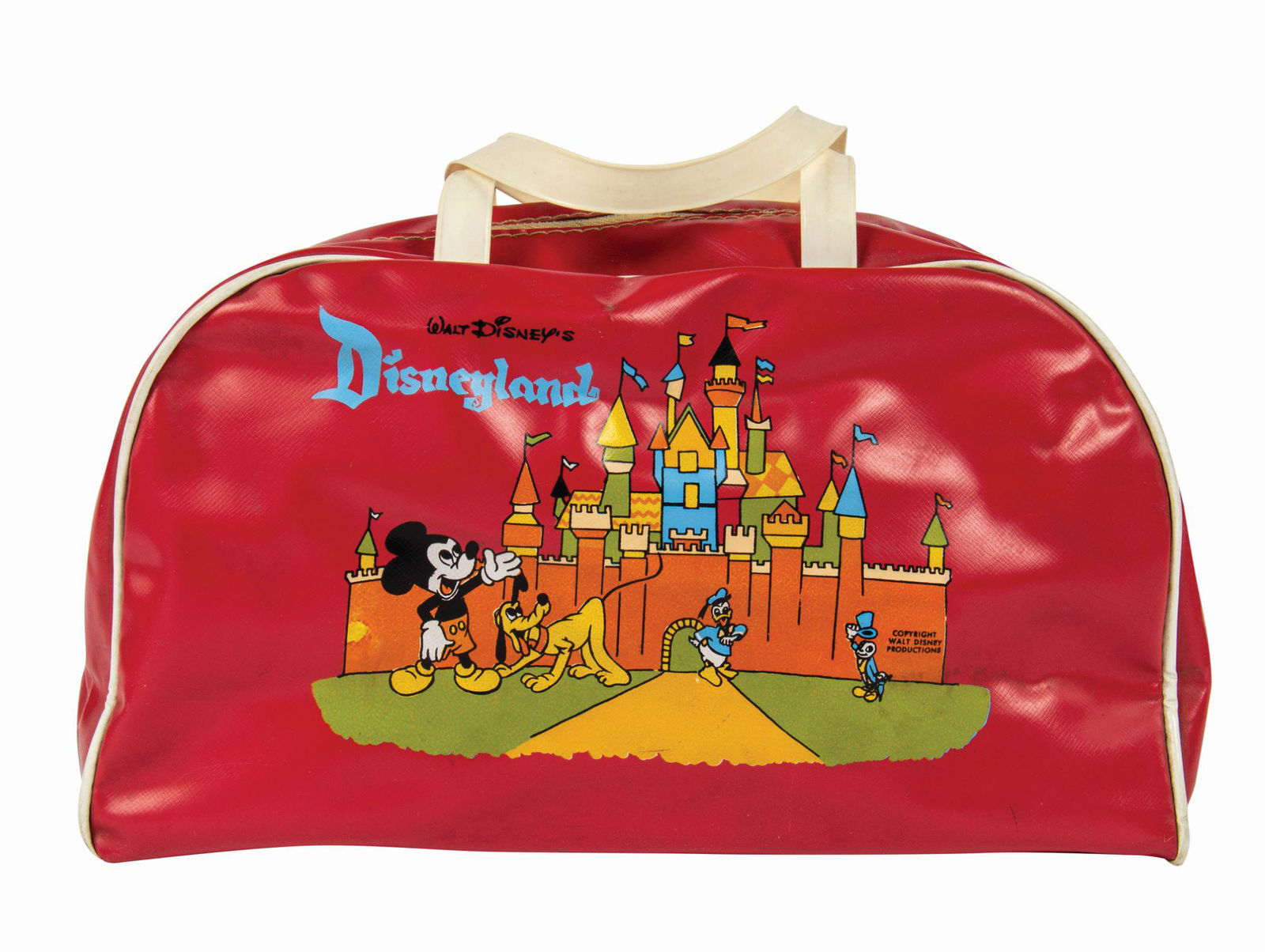 Disneyland Souvenir Bag.: (Disneyland, c.1950s-60s) A small souvenir bag from Disneyland featuring several Disney characters in front of Sleeping Beauty Castle. Measuring 7"x12" and 4.5" deep, the bag is in good condition over