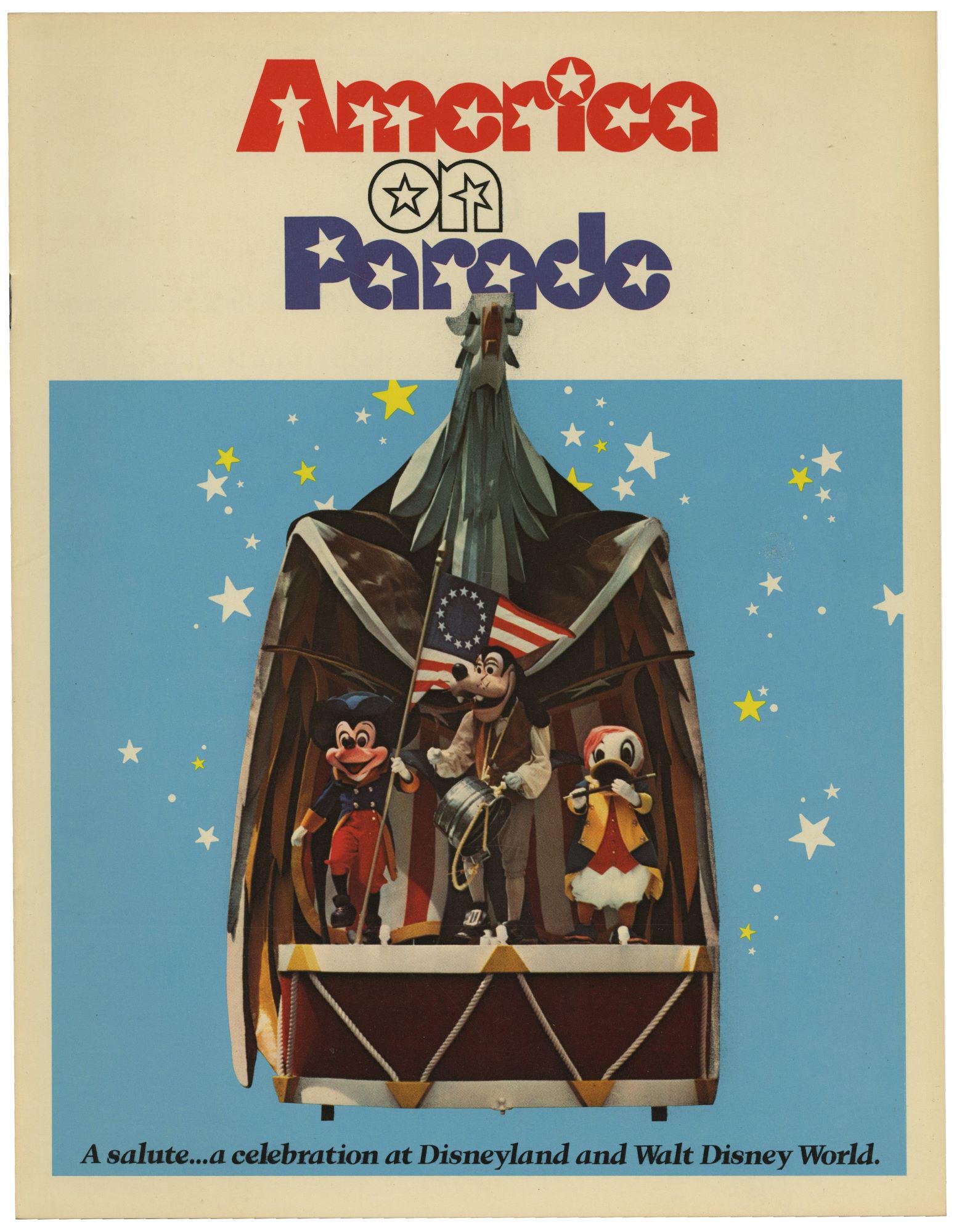 Disney's America on Parade Guidebook.: (Disneyland, 1975) A souvenir guidebook for Disney's America on Parade celebration at Disneyland and Walt Disney World. The guidebook features beautiful behind-the-scenes photos from the development o