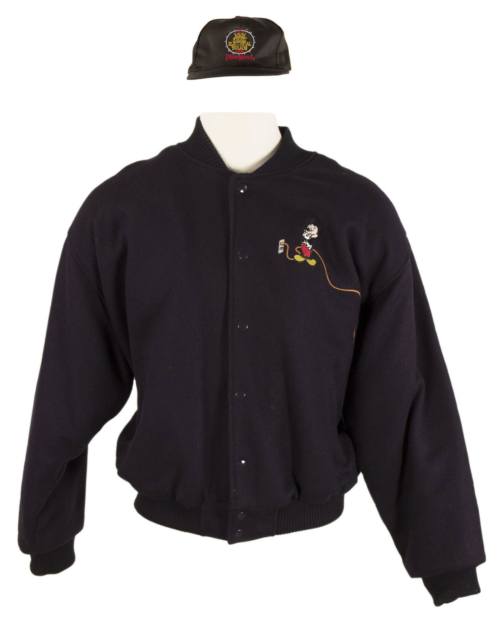 Main Street Electrical Parade Jacket with Hat.: (Disneyland, 1996) A charming bomber jacket and light-up hat celebrating the final season and performance of the Main Street Electrical Parade at Disneyland. The jacket features an embroidered image o