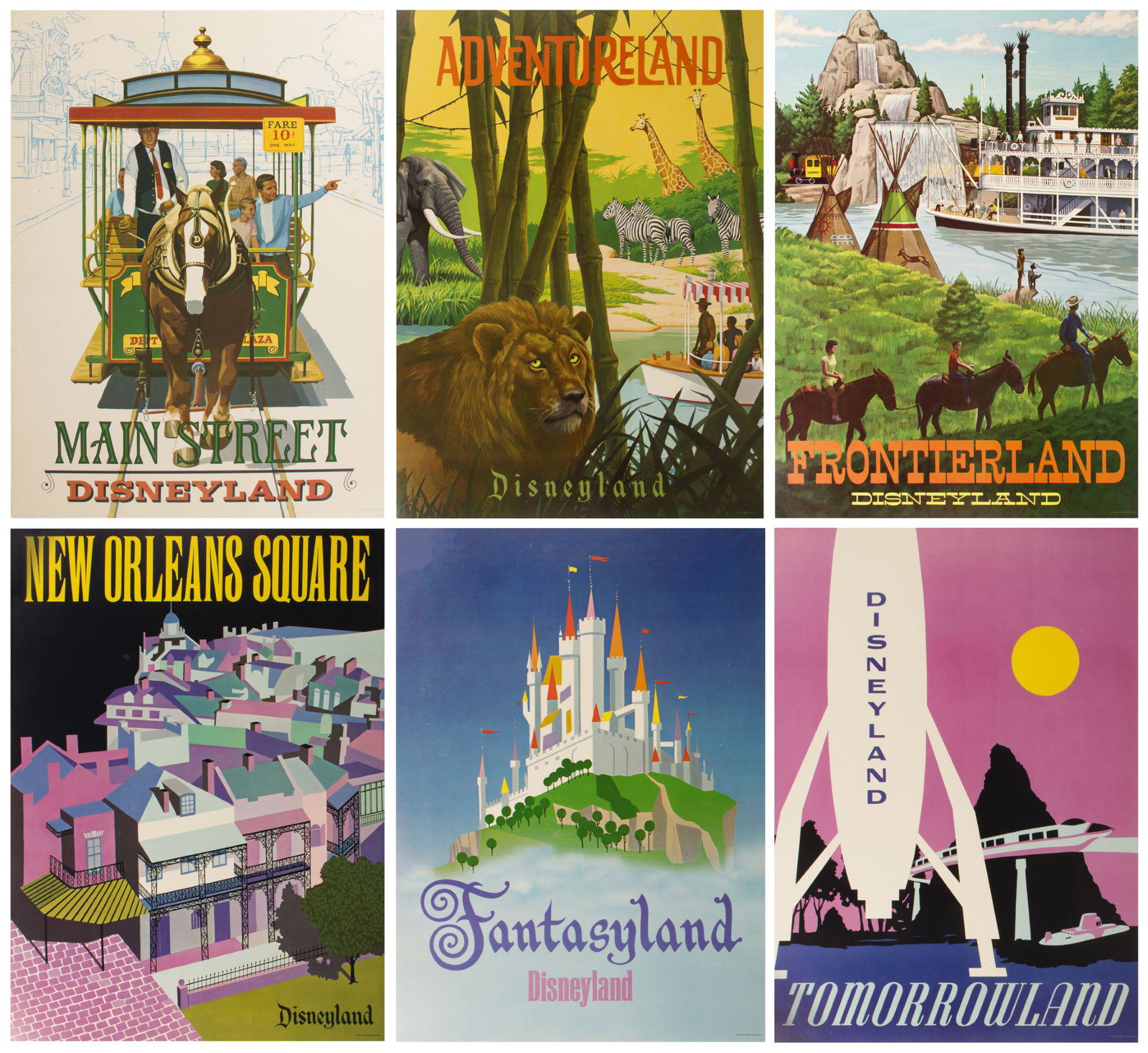 Complete Set of (6) Near-Attraction Posters.: (Disneyland, 1966) A very scarce complete set of (6) "near-attraction" posters from the summer of 1966. These beautiful printed posters were actually displayed in the park as attraction posters but al