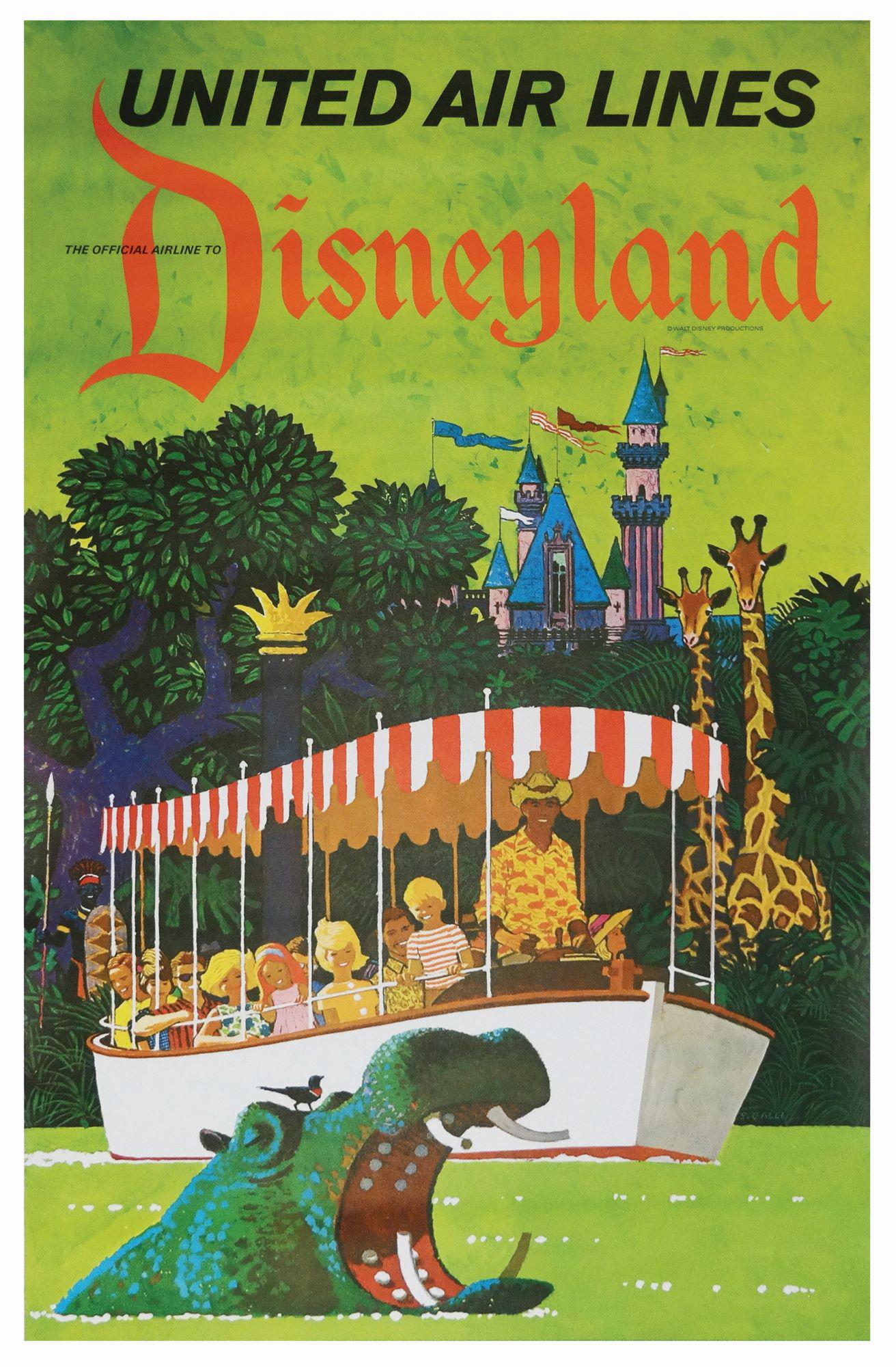 United Airlines Disneyland Travel Poster.: (Disneyland, 1963) An extremely rare travel poster created for United Air Lines which promotes United as "the official airline to Disneyland." The gorgeous Stan Galli artwork features imagery of the J