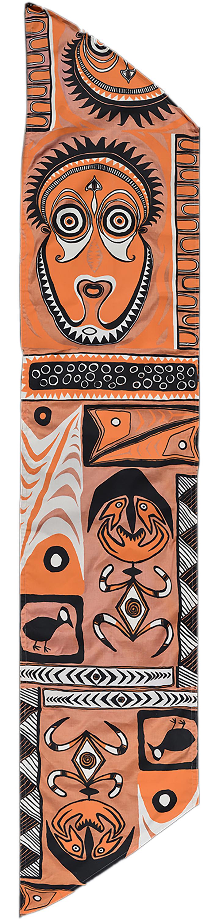 Enchanted Tiki Room 14ft Sun Tarp Prop.: (Disneyland, c.1980s) A large canvas sun tarp designed for hanging over the pre-show area of the Enchanted Tiki Room as well as the Tahitian Terrace restaurant. Adorned with silkscreened tiki-style im