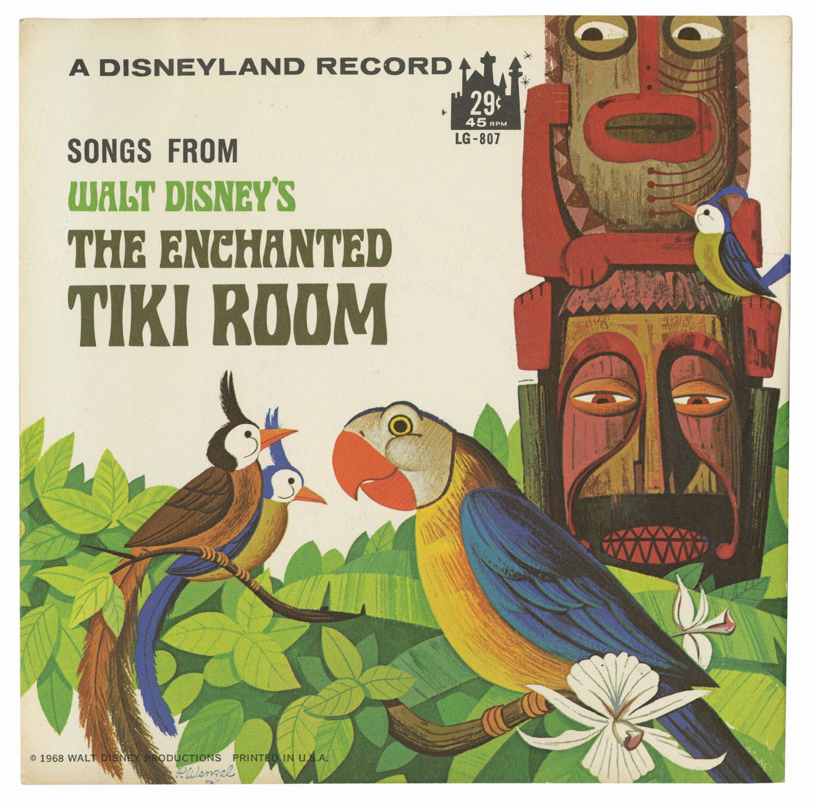 Songs From The Enchanted Tiki Room Record.: (Disneyland, 1968) A rare 45 rpm Little Gem record featuring songs from the Enchanted Tiki Room attraction. The record features beautiful tropical imagery and a list of additional Disney records on th